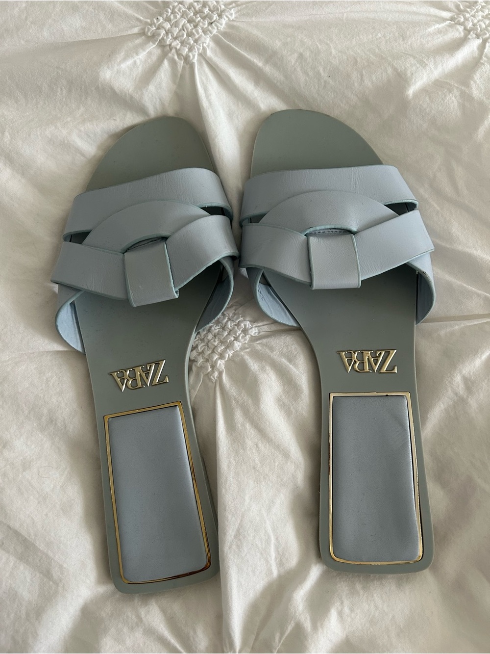 Zara Light Blue Leather Knotted Slide Sandals with Gold Insole Trim